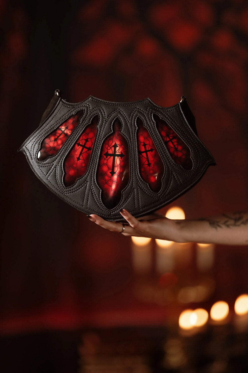 red and black gothic cathedral purse