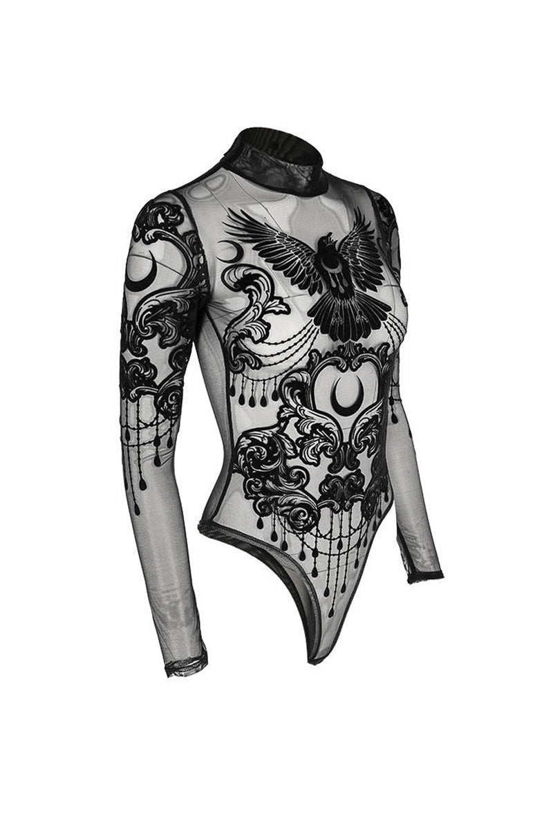 occult mesh raven bodysuit with high collar
