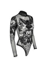 occult mesh raven bodysuit with high collar