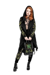 womens black cotton embroidered fern, crescent moon, and flower jacket