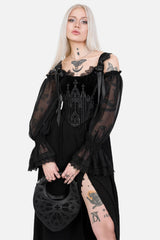 black velvet embroidered gothic cathedral corset