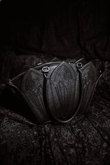 gothic cathedral shoulder bag with detachable shoulder strap and with red interior lining 
