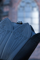 dark gothic cathedral purse with red interior lining 