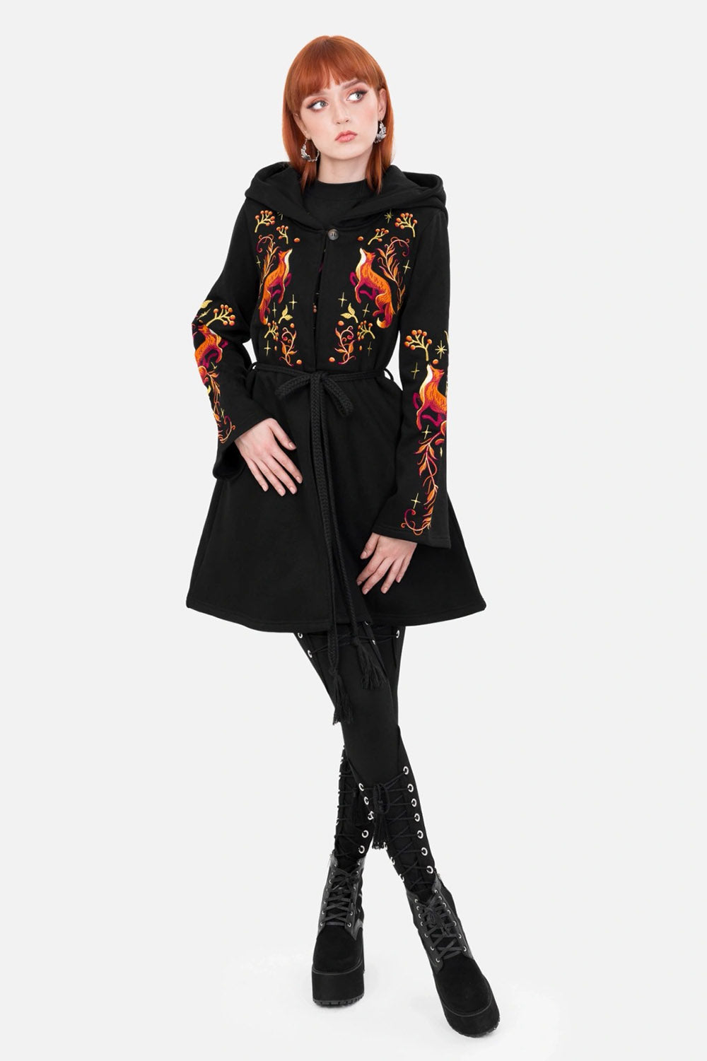womens flared embroidered fox hoodie jacket