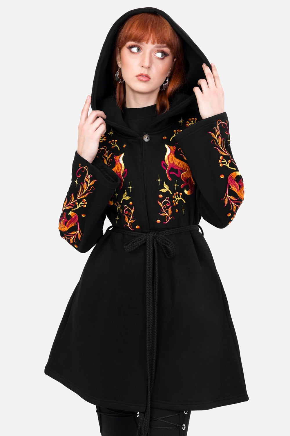 hooded black cotton embroidered fox hoodie jacket