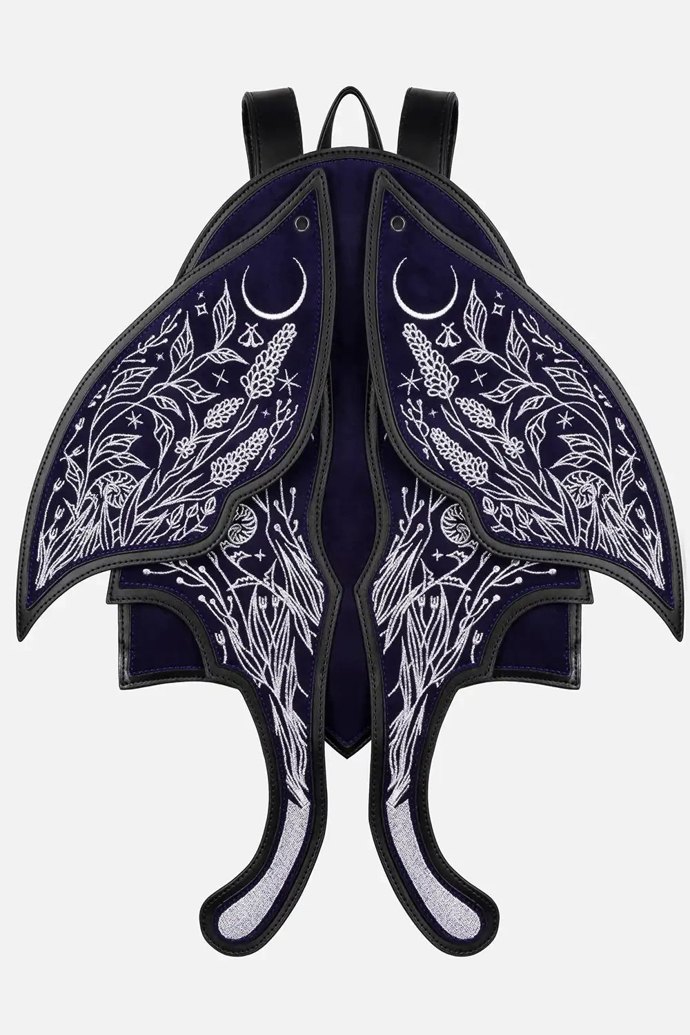 Backpack with silver  floral and moon design on a black background