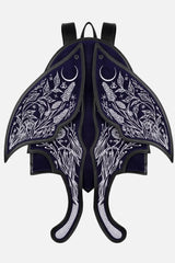 Backpack with silver  floral and moon design on a black background