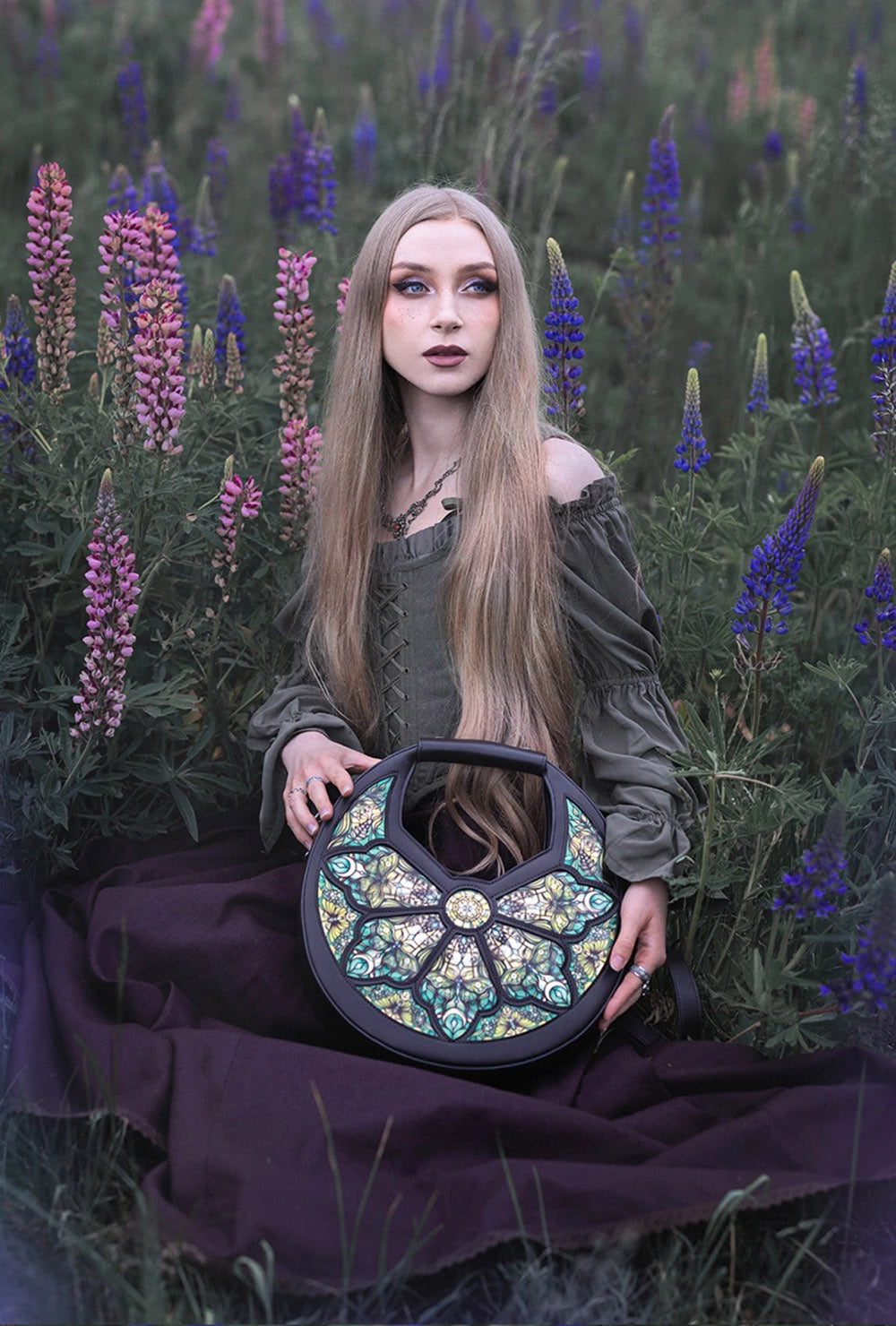 gothic botanical green crescent bag