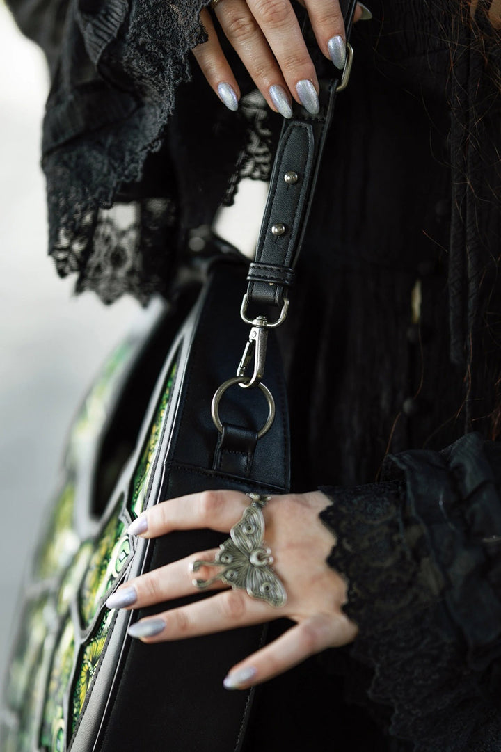 dark cottagecore whimsical floral green crescent shoulder bag