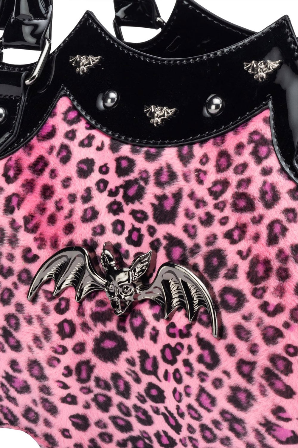 pink leopard handbag with bat stud