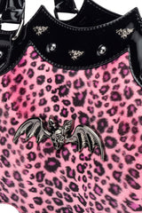 pink leopard handbag with bat stud
