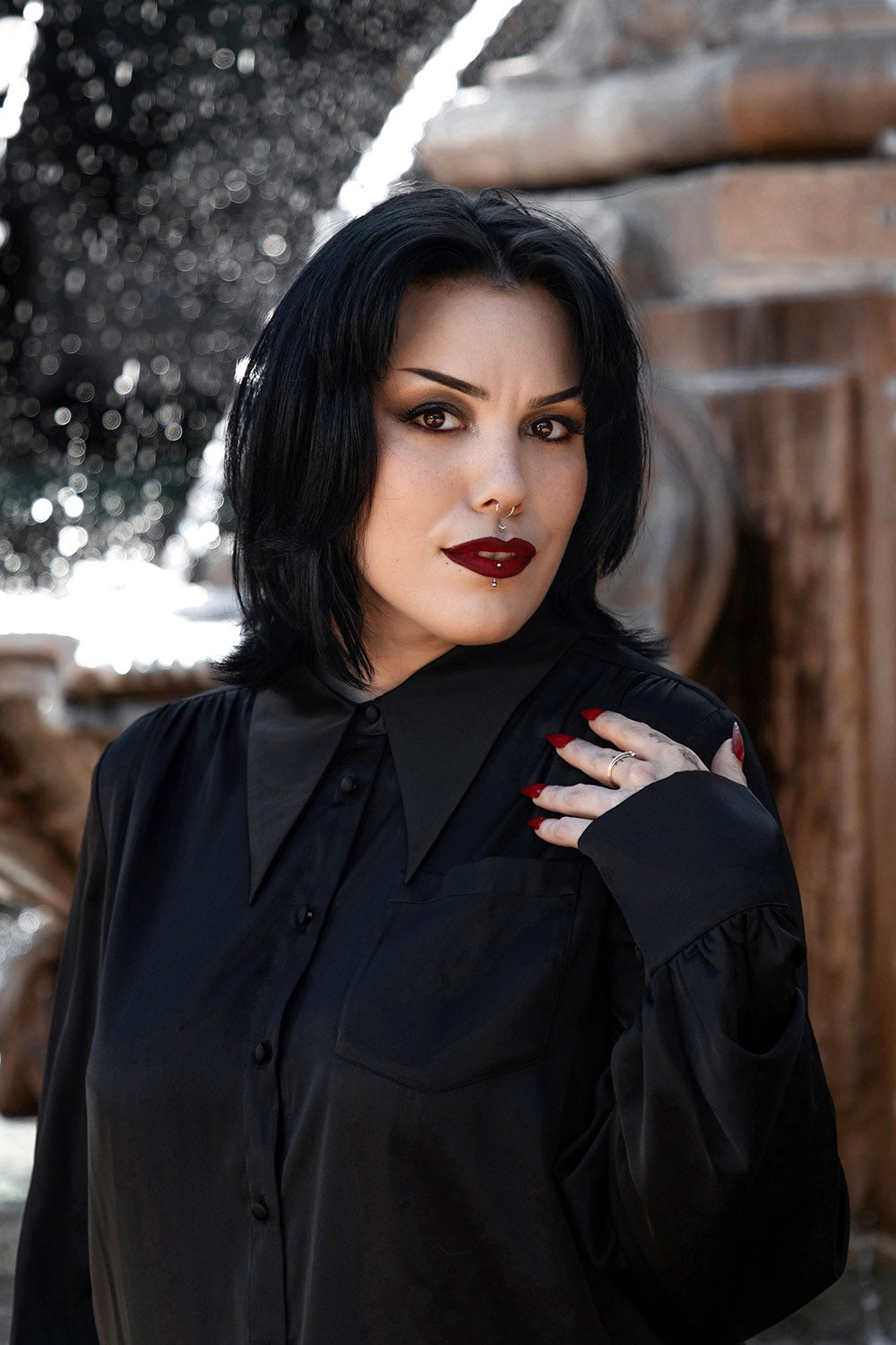 victorian button up pointed collar witchy blouse