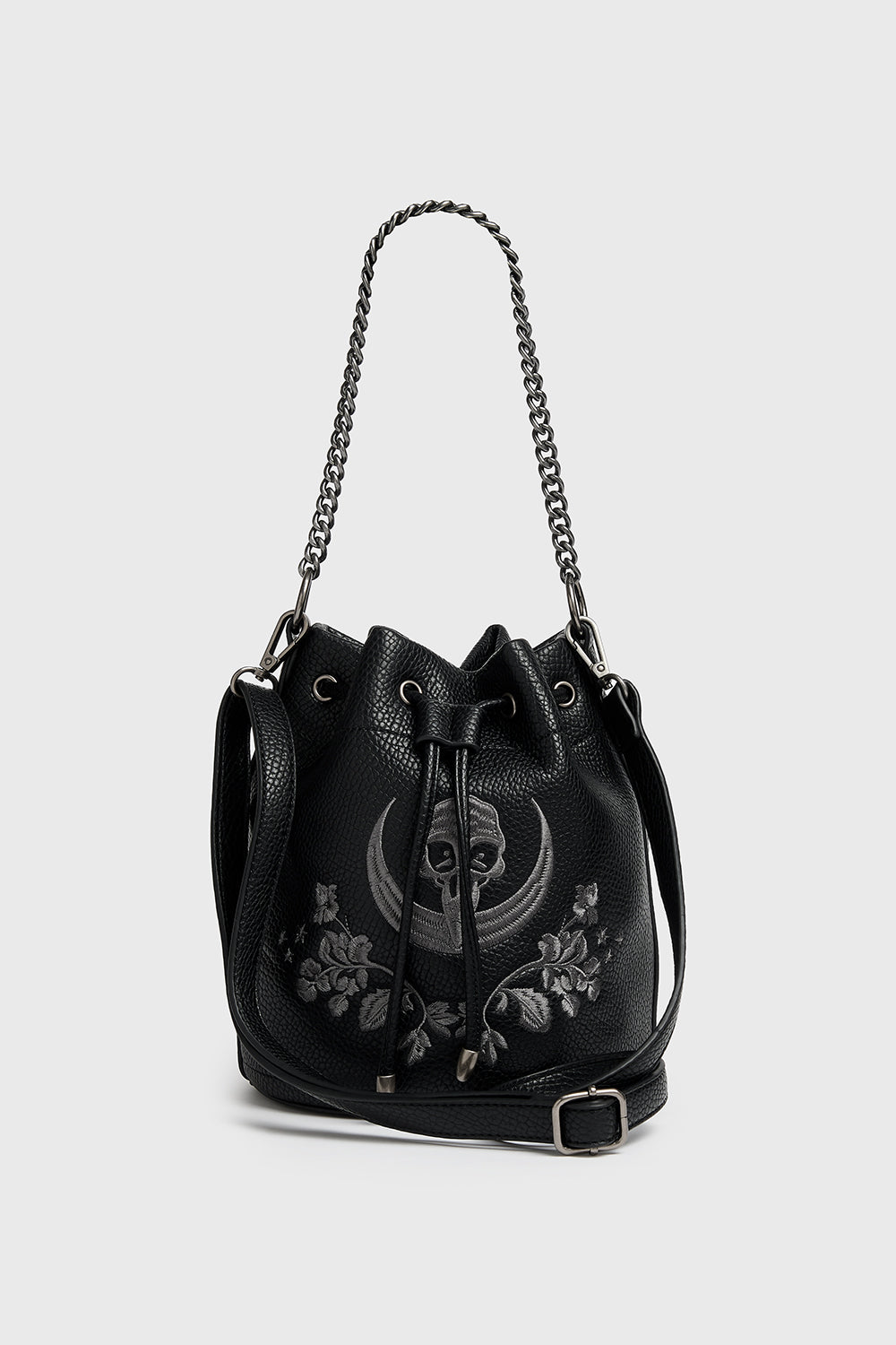 witchy embroidered dark cottagecore bucket bag purse with chain strap
