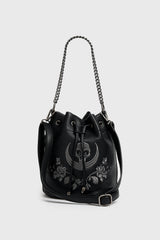 witchy embroidered dark cottagecore bucket bag purse with chain strap