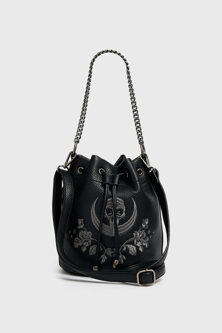 witchy embroidered dark cottagecore bucket bag purse with chain strap