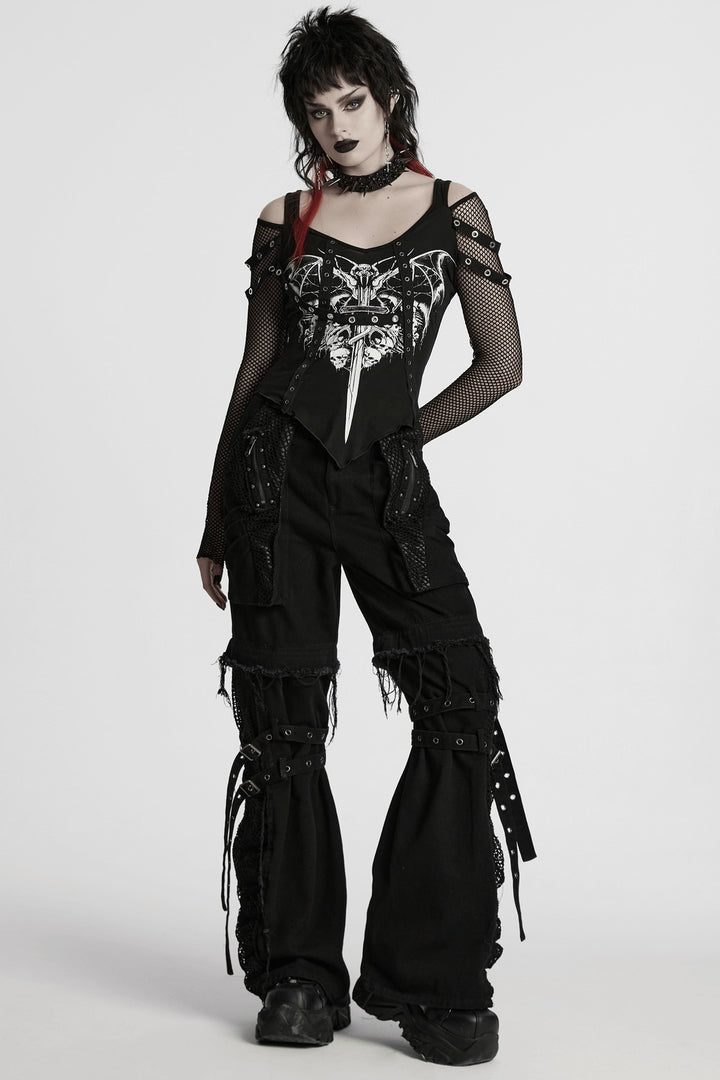 gothic black cold shoulder fishnet top