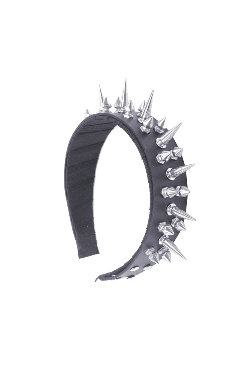 womens black vegan leather headband with spikes
