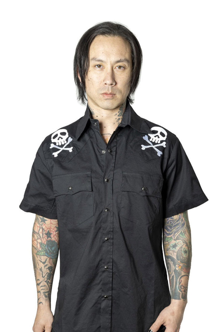 embroidered skull and crossbones button-up mens shirt