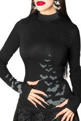 Black long-sleeve top with bats on a white background