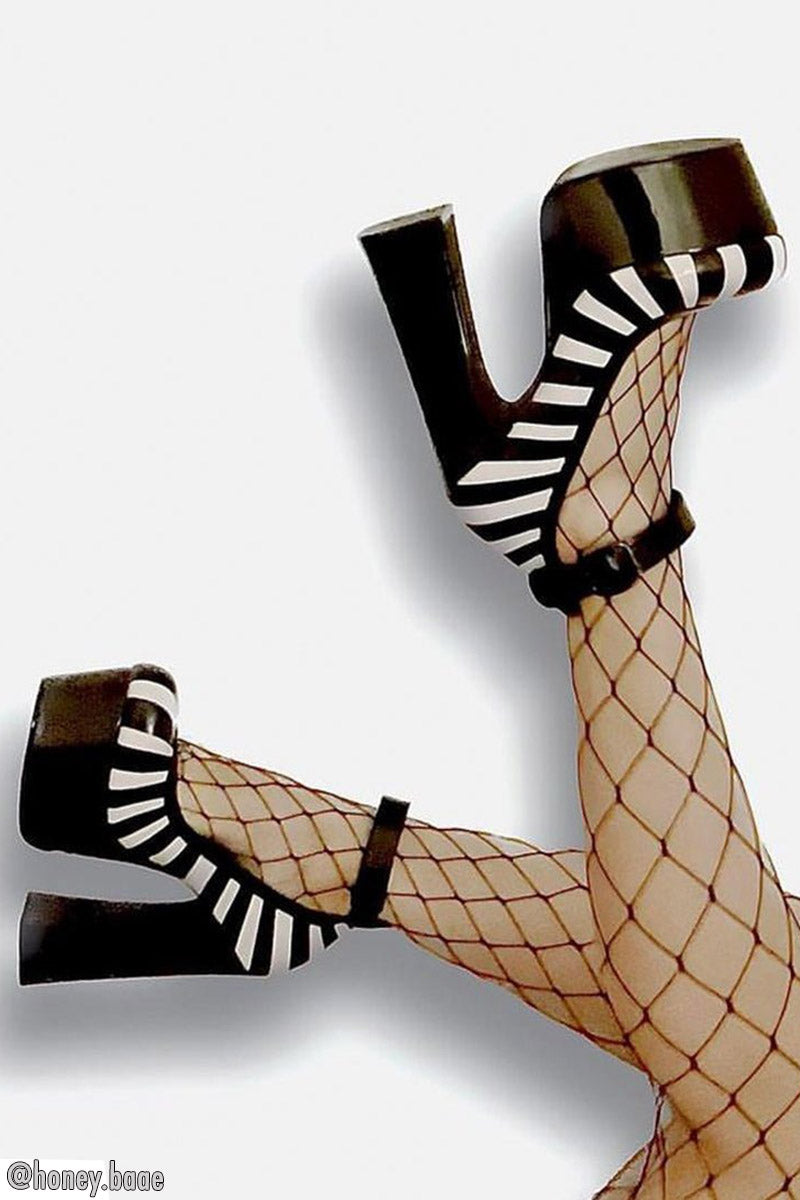 womens black and white striped heels