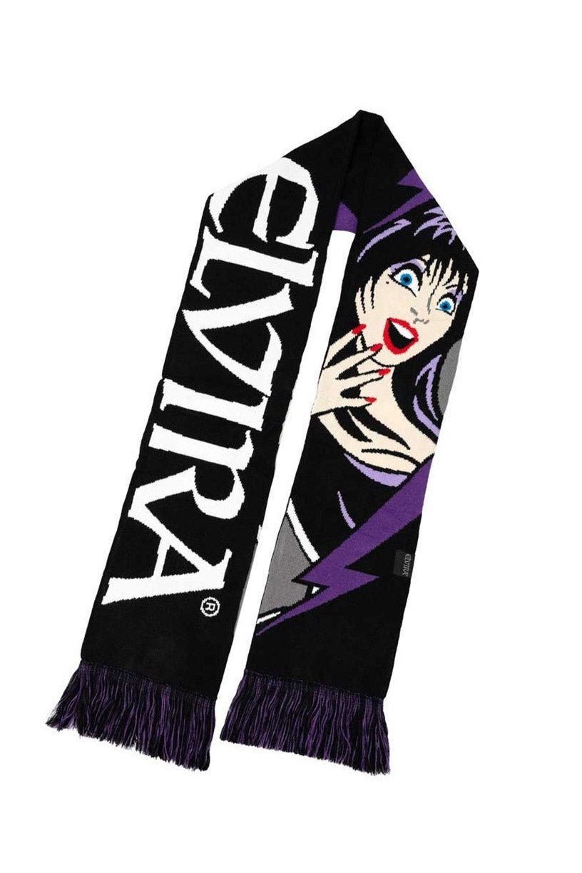 Elvira scarf with character design on a white background