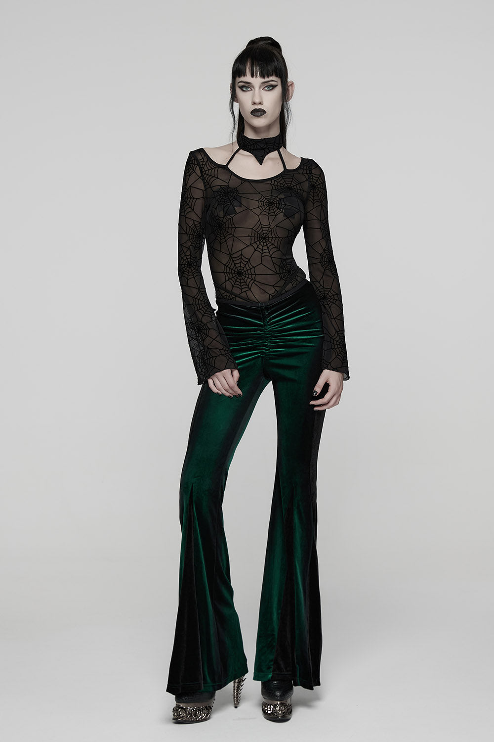 long sleeve mesh spiderweb shirt with high collar