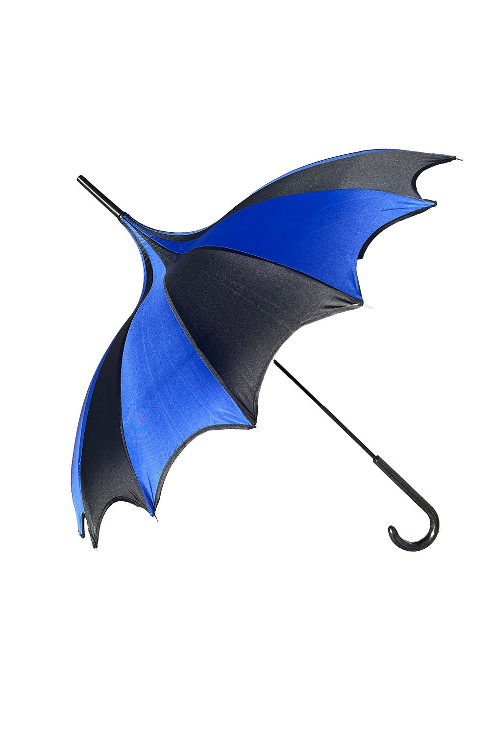 Blue and black umbrella with a unique design on a white background