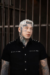 mens black denim punk rock pyramid studded short sleeve shirt