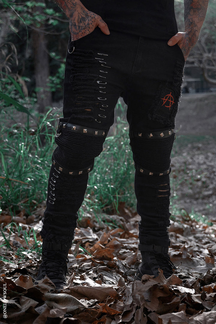 mens anarchy symbol straight-leg shredded jeans