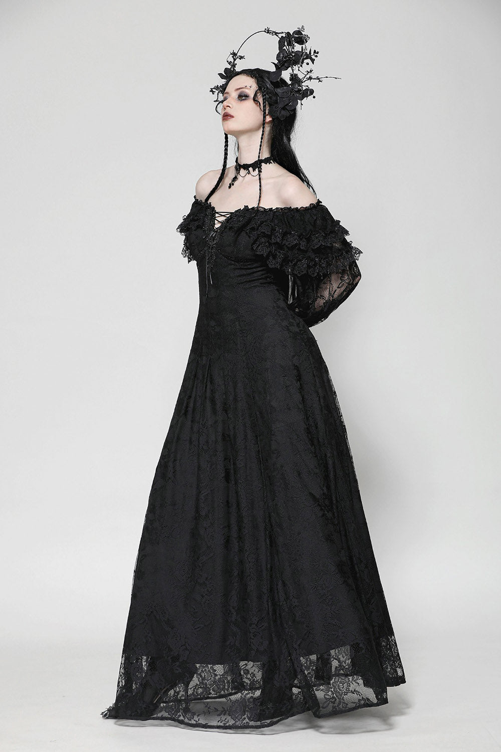 ruffled off-the-shoulder romantic black dress