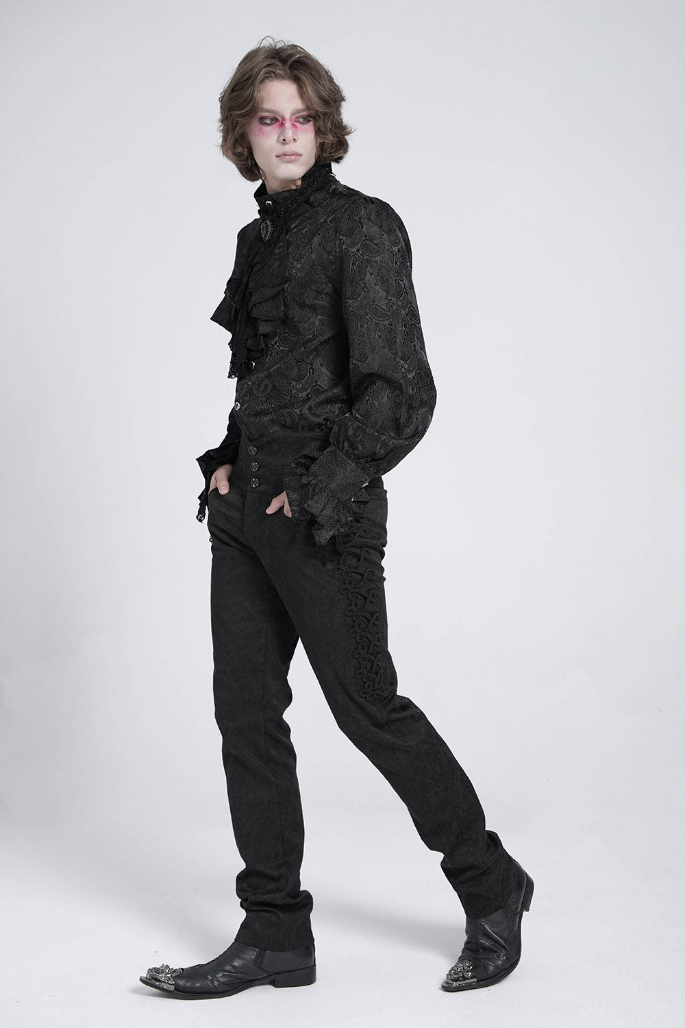 mens vampire goth long sleeve button top shirt with ruffled neckline cravat 