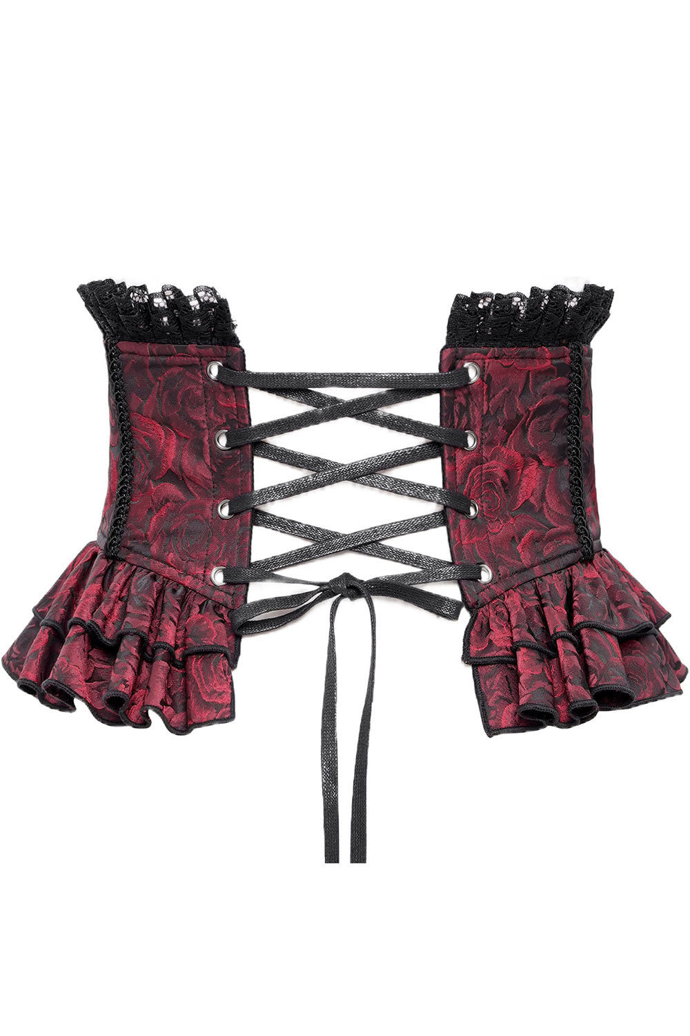 black and red lace ruffled underbust corset