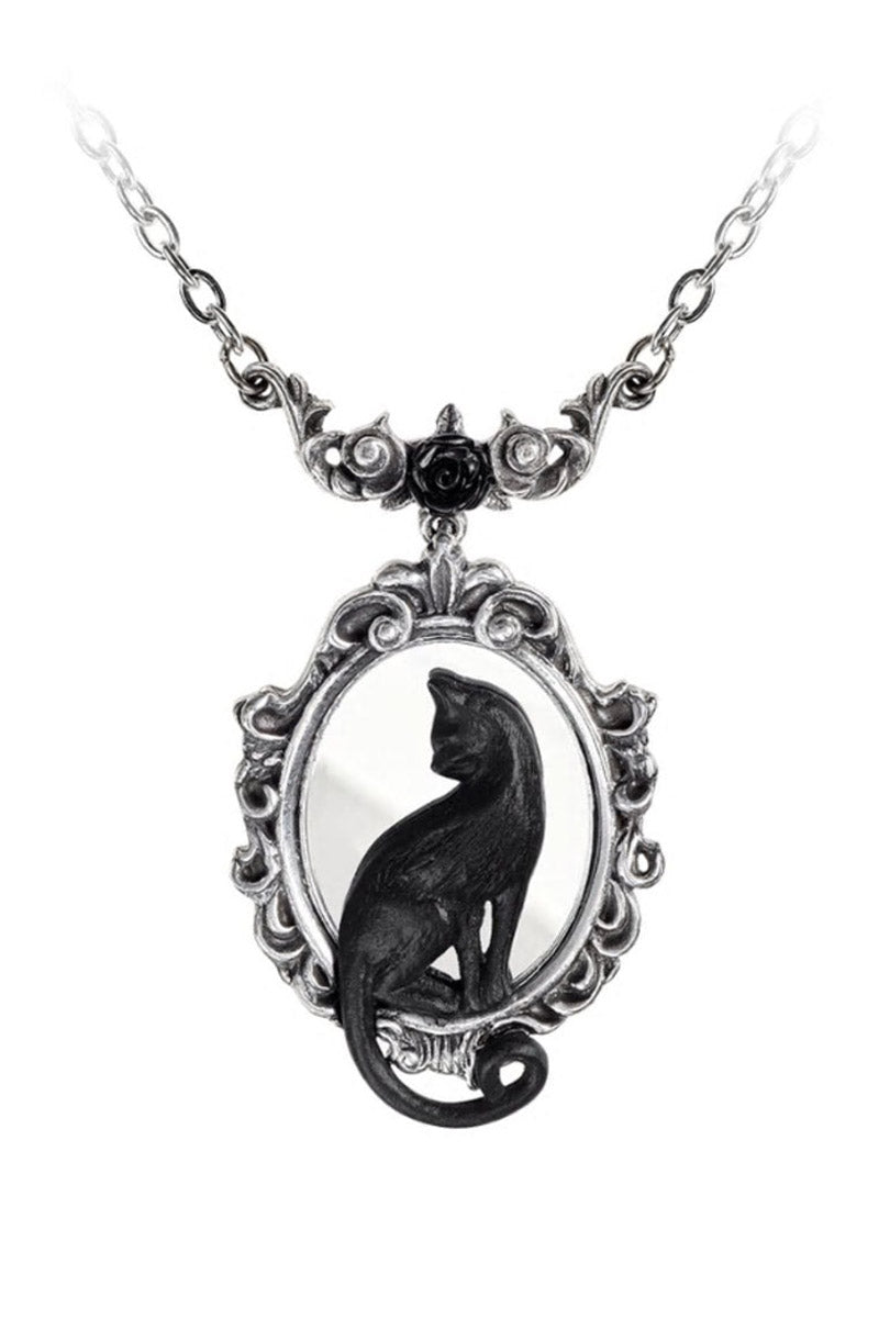 Necklace with a black cat silhouette in a silver frame on a white background