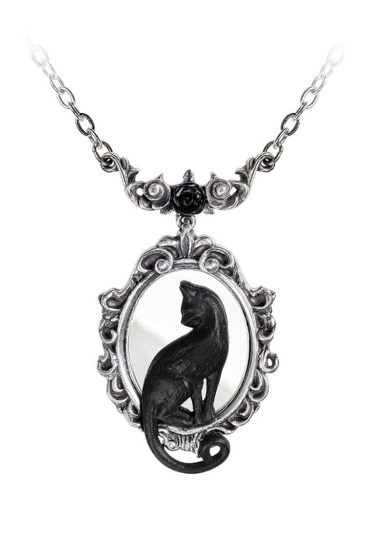 Necklace with a black cat silhouette in a silver frame on a white background