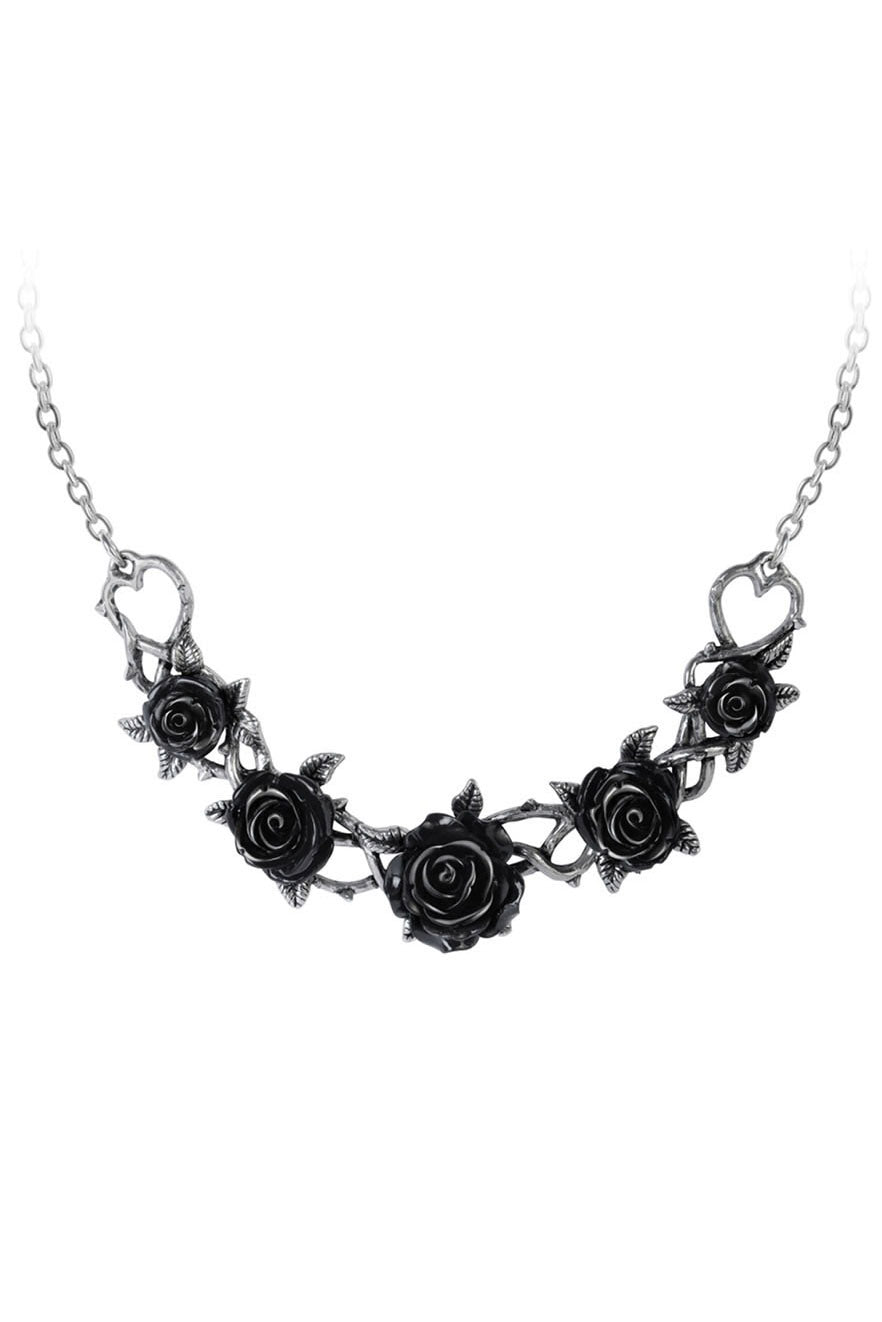 Necklace with black rose designs on a white background