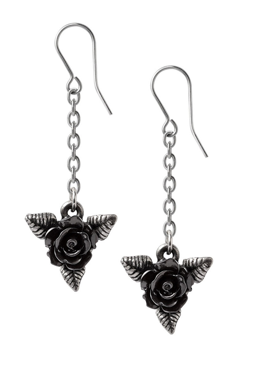 Black rose triangle earrings on silver hooks against a white background