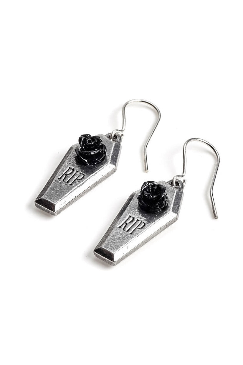 Silver coffin-shaped earrings with black roses on a white background