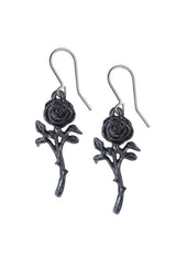 Black rose dangle earrings on a white background