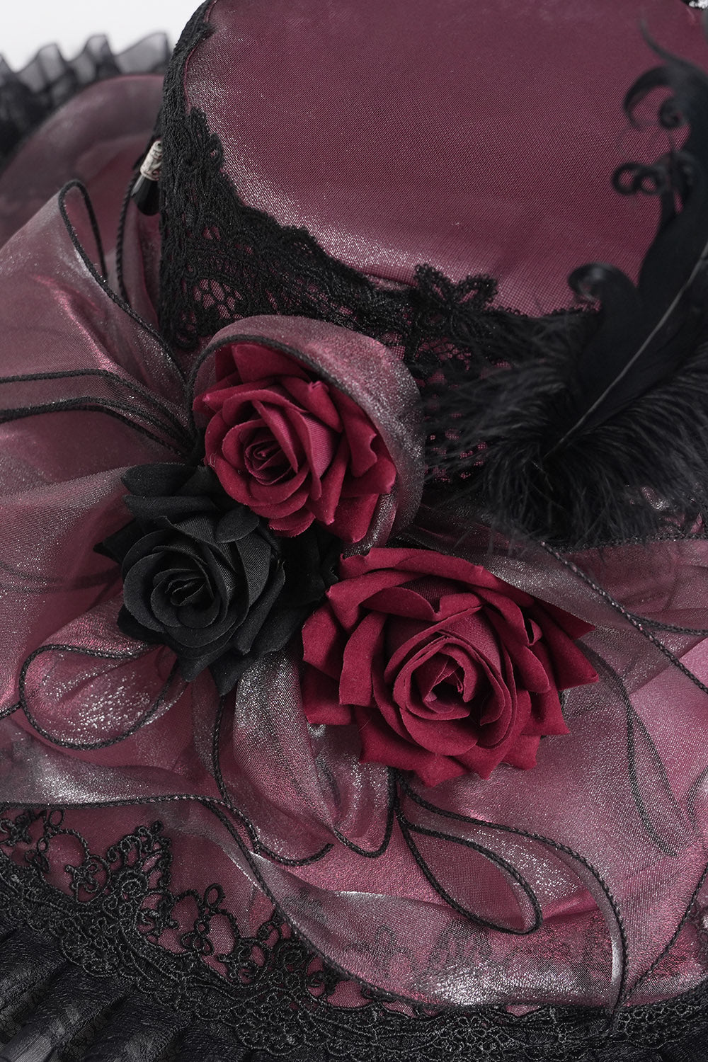 dark romantic red and black victorian goth hat with bow with roses