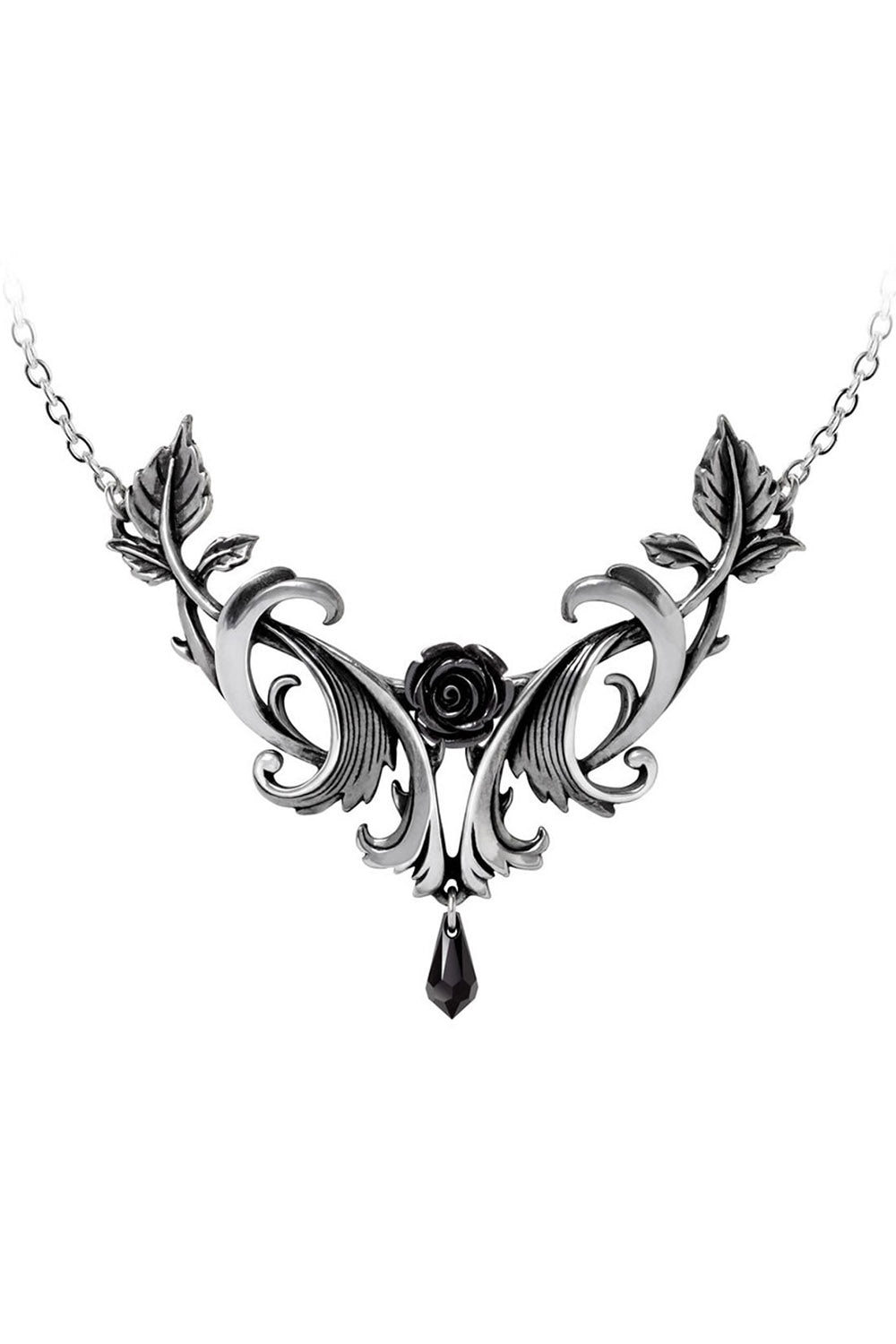 Ornate silver necklace with a black rose pendant on a white background