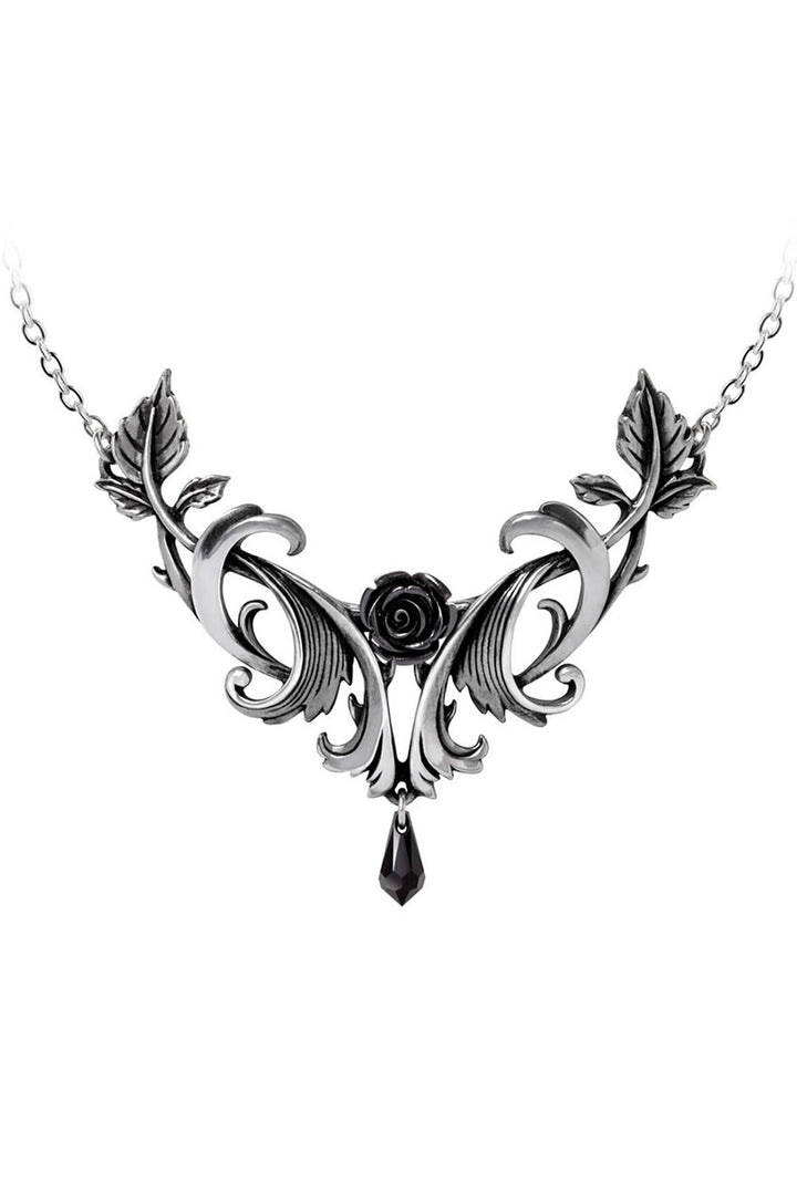 Ornate silver necklace with a black rose pendant on a white background