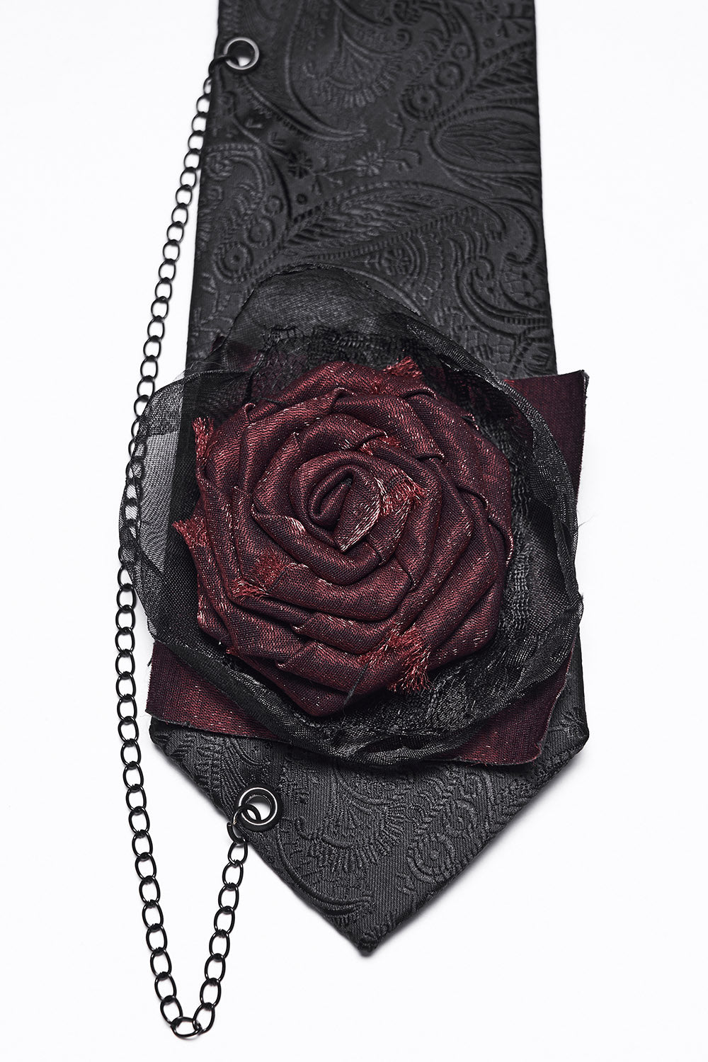 romantic goth mens damask necktie with a rose and chain