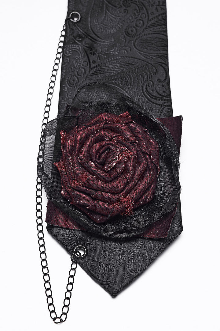 romantic goth mens damask necktie with a rose and chain