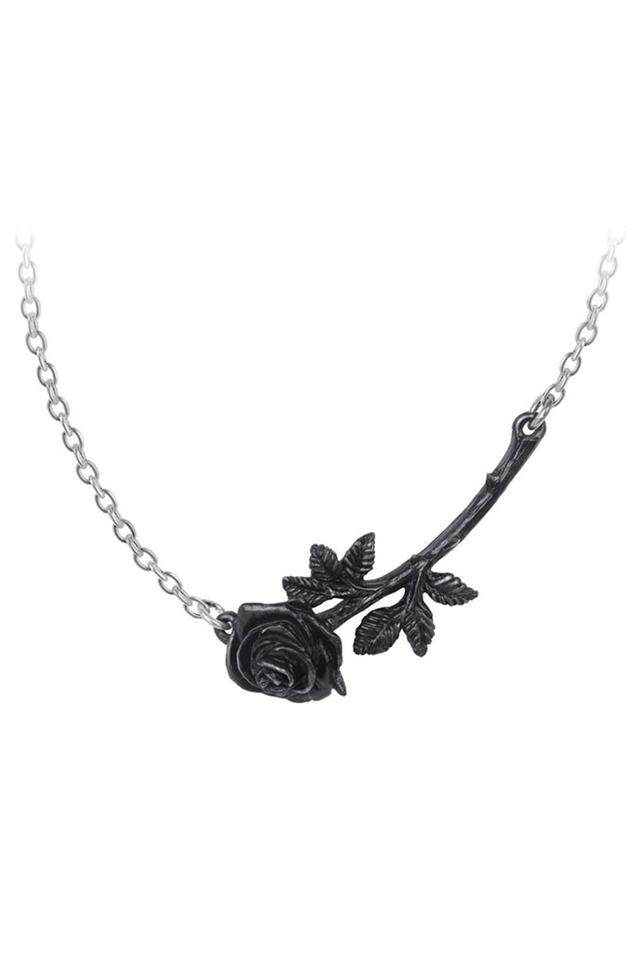 Black rose necklace on a white chain against a white background