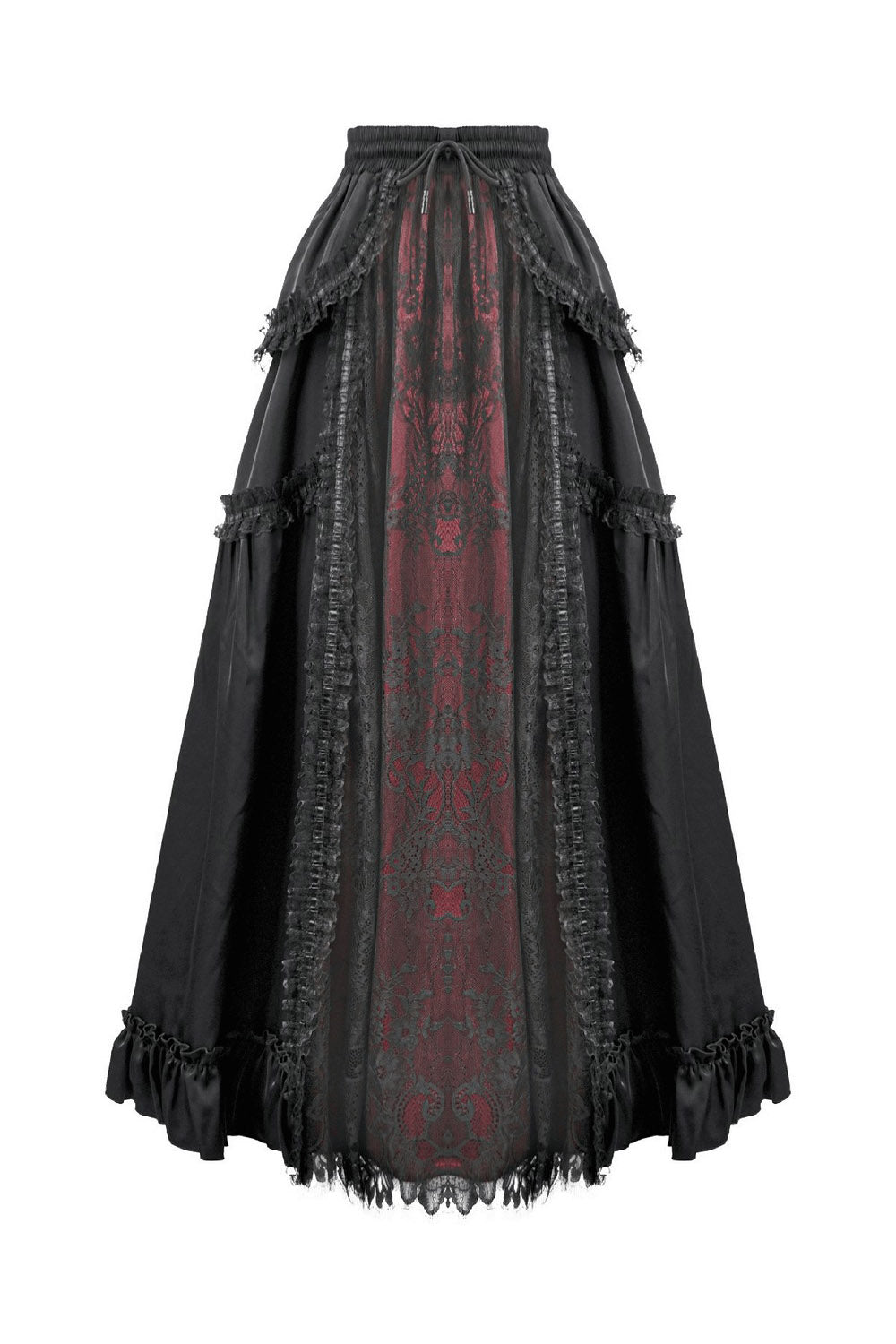high-waisted vampire goth red and black layered skirt with ruffle hem 