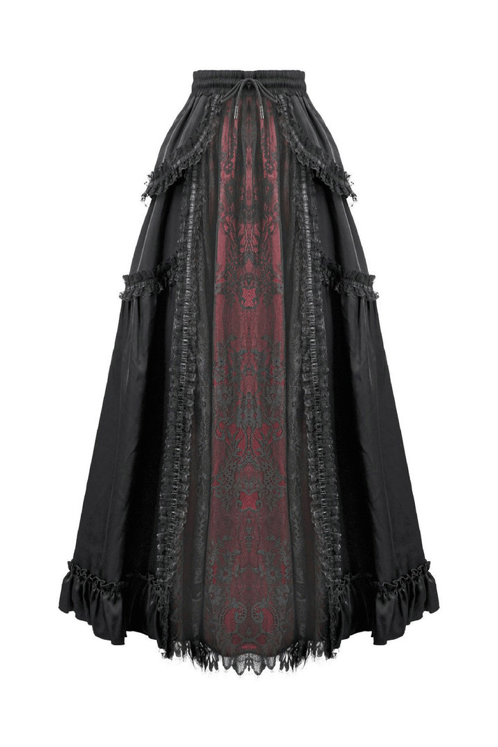 high-waisted vampire goth red and black layered skirt with ruffle hem 