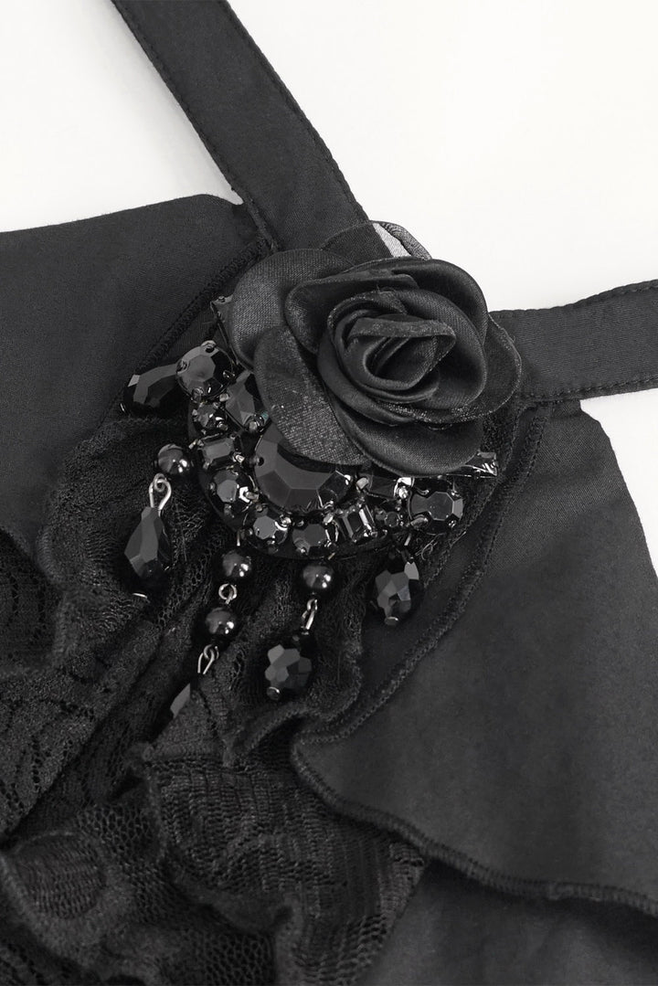 ruffled lace gothic lace-up blouse with black rose detail 