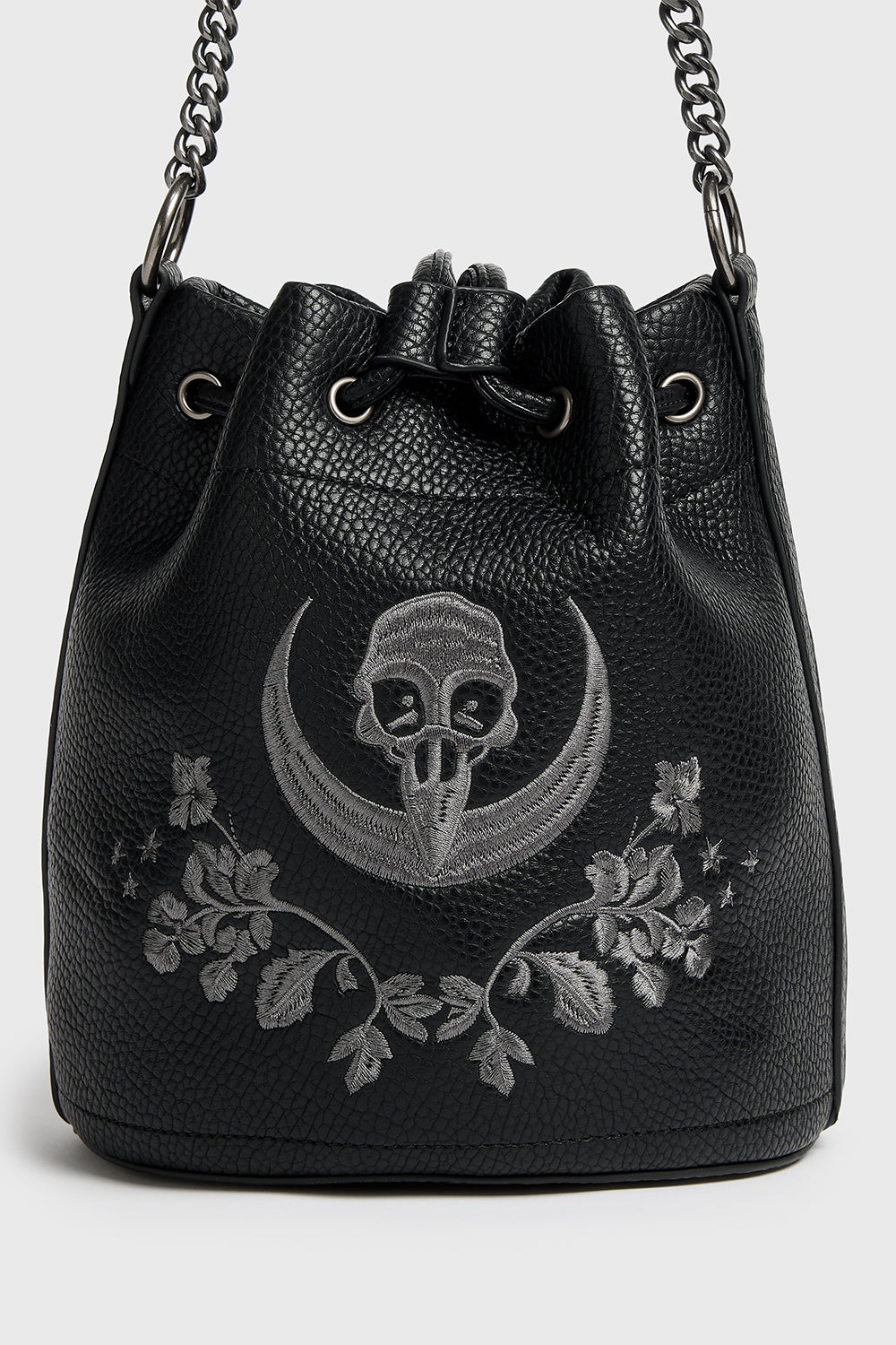 killstar moon and raven skull embroidered dark cottagecore bucket bag purse