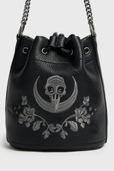 killstar moon and raven skull embroidered dark cottagecore bucket bag purse