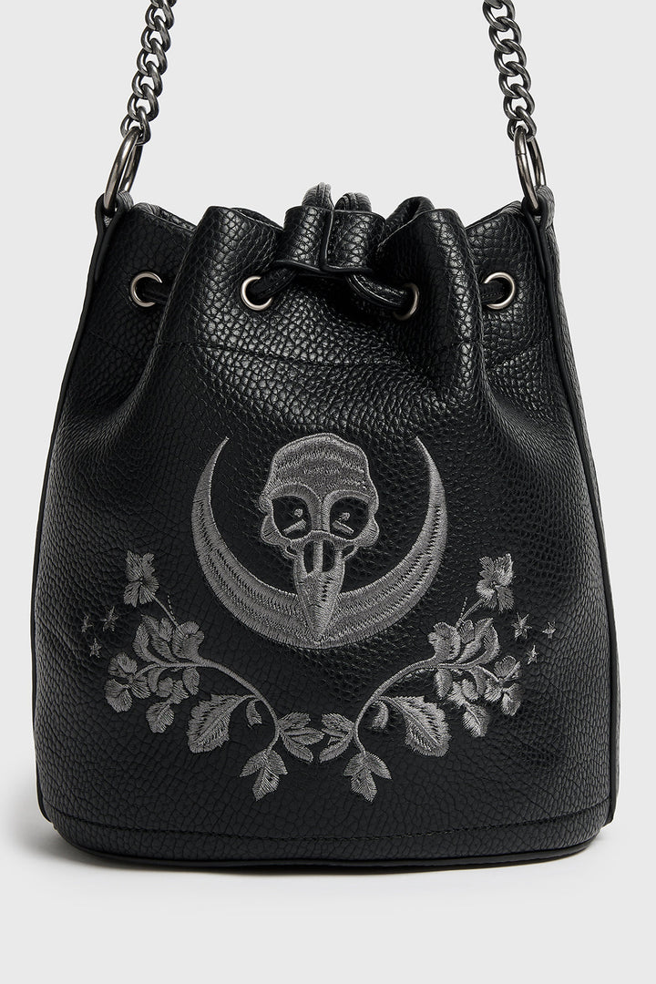 killstar moon and raven skull embroidered dark cottagecore bucket bag purse